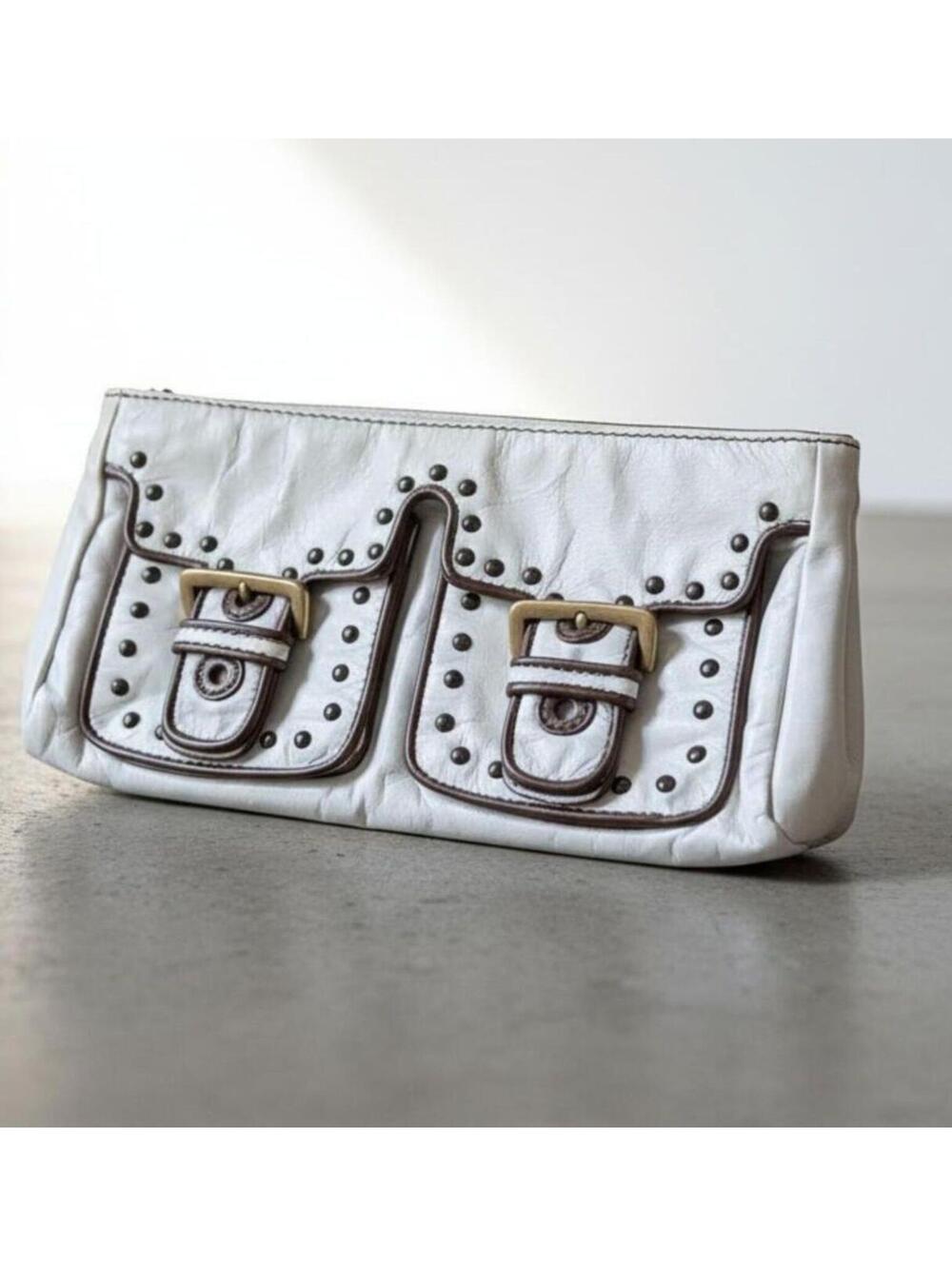 Kate Landry Light Aqua Leather Studded Clutch Wristlet 11x5 Paisley Lining
